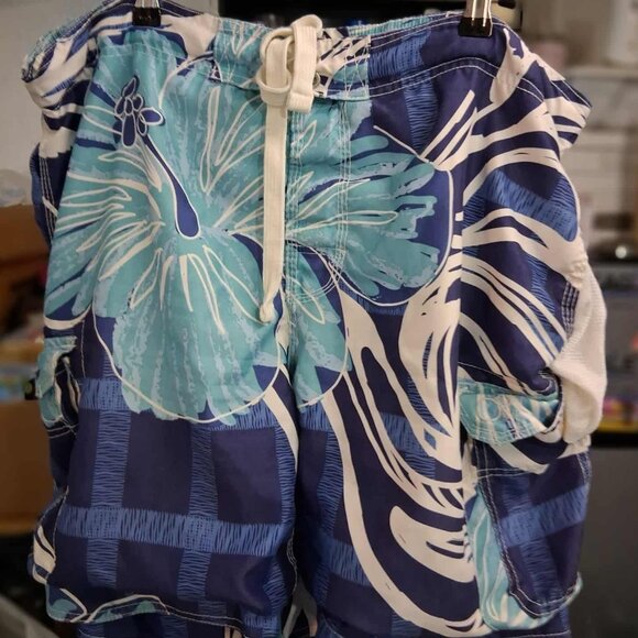 Men's OP Mesh Lined Shorts / Swim Trunks, SIZE LARGE (36/38) Blue Tropical Print - Picture 1 of 13